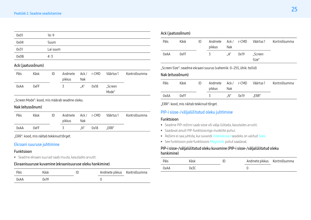 Samsung LH43PMHPBGC/EN, LH55PMHPBGC/EN manual Ekraani suuruse juhtimine, PIP-i sisse-/väljalülitatud oleku juhtimine 