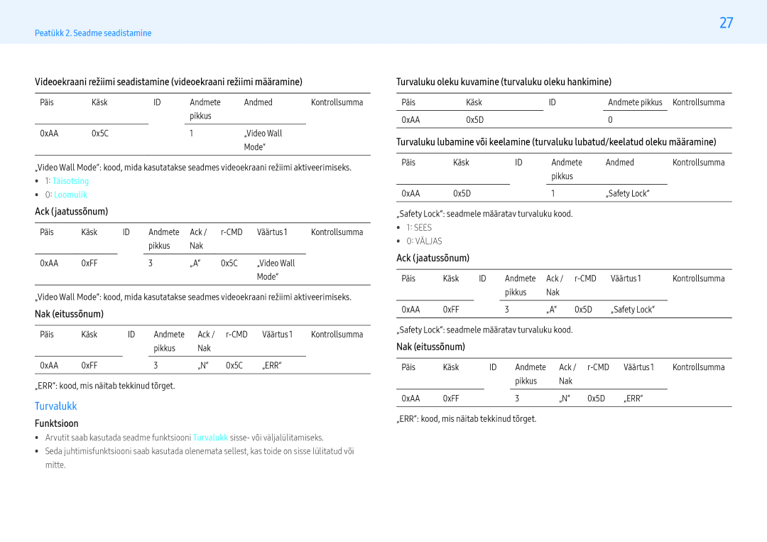 Samsung LH55PMHPBGC/EN, LH43PMHPBGC/EN, LH49PMHPBGC/EN manual Turvalukk, Täisotsing Loomulik, Sees, Nak eitussõnum 