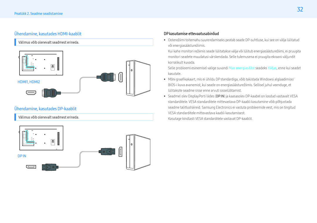 Samsung LH49PMHPBGC/EN, LH55PMHPBGC/EN, LH43PMHPBGC/EN Ühendamine, kasutades HDMI-kaablit, Ühendamine, kasutades DP-kaablit 