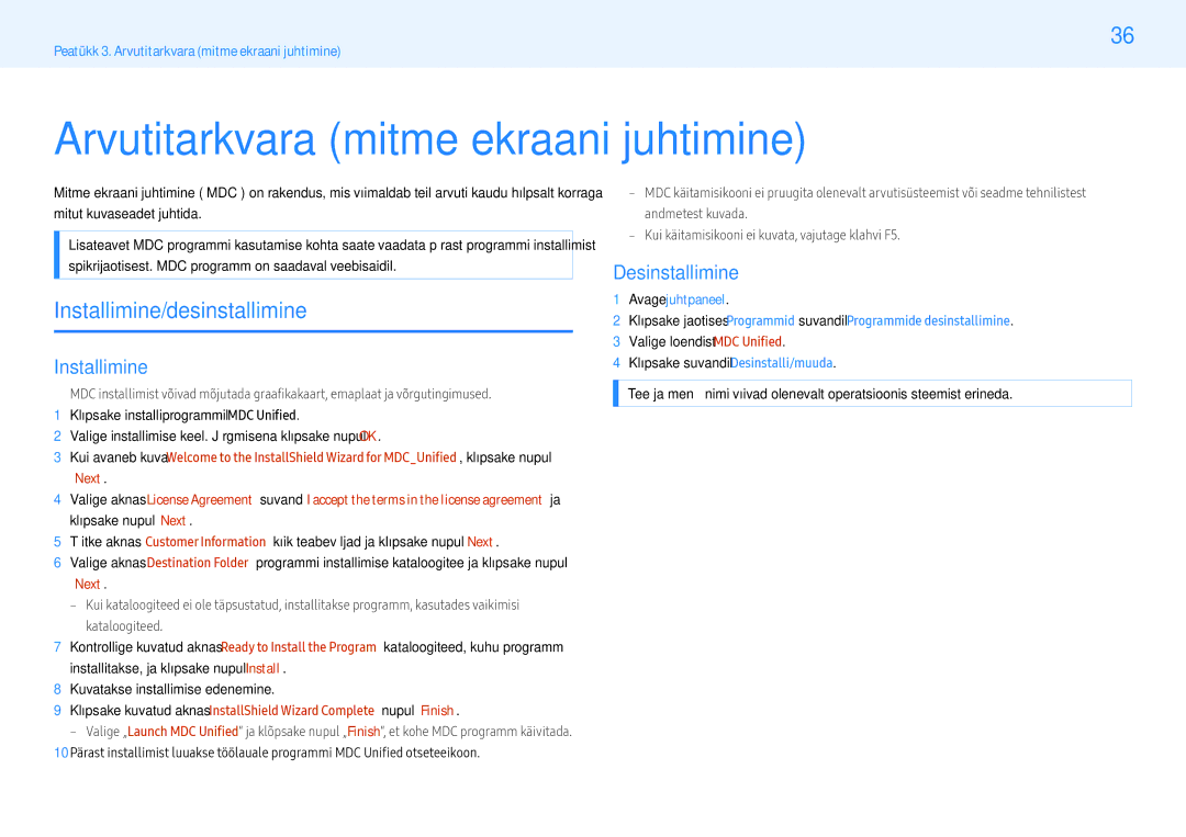 Samsung LH55PMHPBGC/EN manual Arvutitarkvara mitme ekraani juhtimine, Installimine/desinstallimine, Desinstallimine 