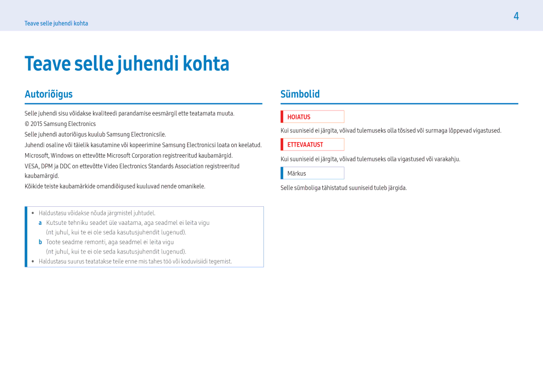 Samsung LH43PMHPBGC/EN, LH55PMHPBGC/EN, LH49PMHPBGC/EN manual Teave selle juhendi kohta, Autoriõigus, Sümbolid 