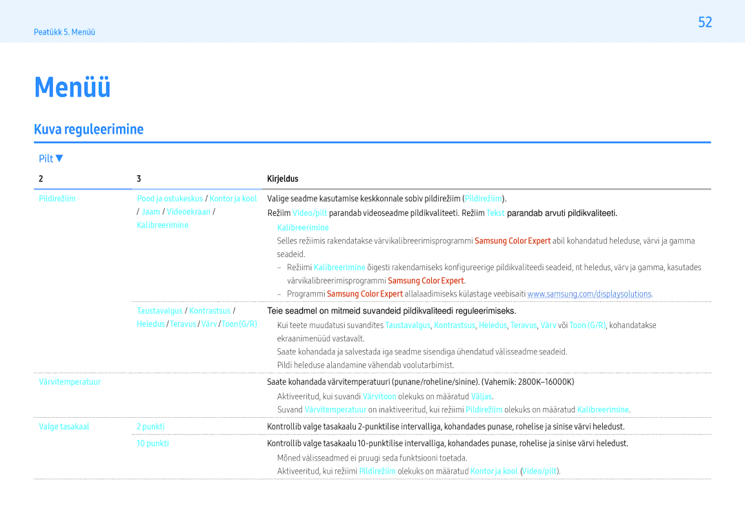 Samsung LH43PMHPBGC/EN, LH55PMHPBGC/EN, LH49PMHPBGC/EN manual Menüü, Kuva reguleerimine, Pilt 