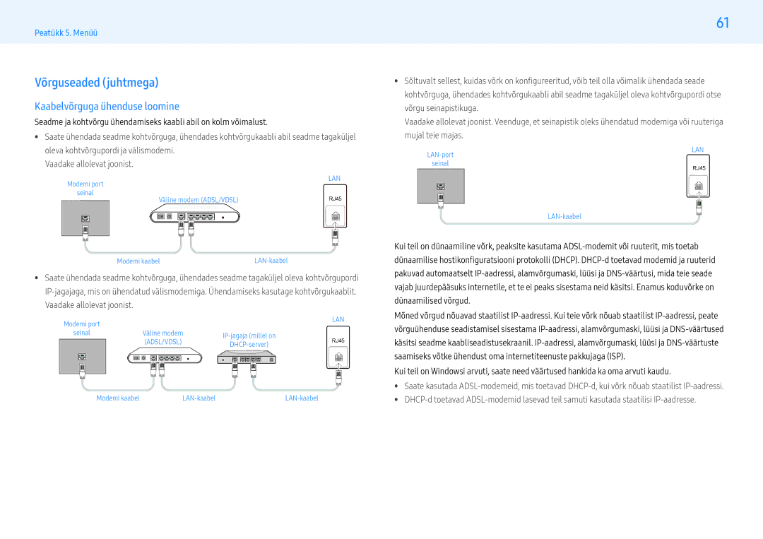 Samsung LH43PMHPBGC/EN, LH55PMHPBGC/EN, LH49PMHPBGC/EN manual Võrguseaded juhtmega, Kaabelvõrguga ühenduse loomine 