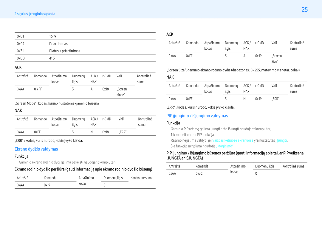 Samsung LH43PMHPBGC/EN, LH55PMHPBGC/EN, LH49PMHPBGC/EN manual Ekrano dydžio valdymas, PIP įjungimo / išjungimo valdymas 