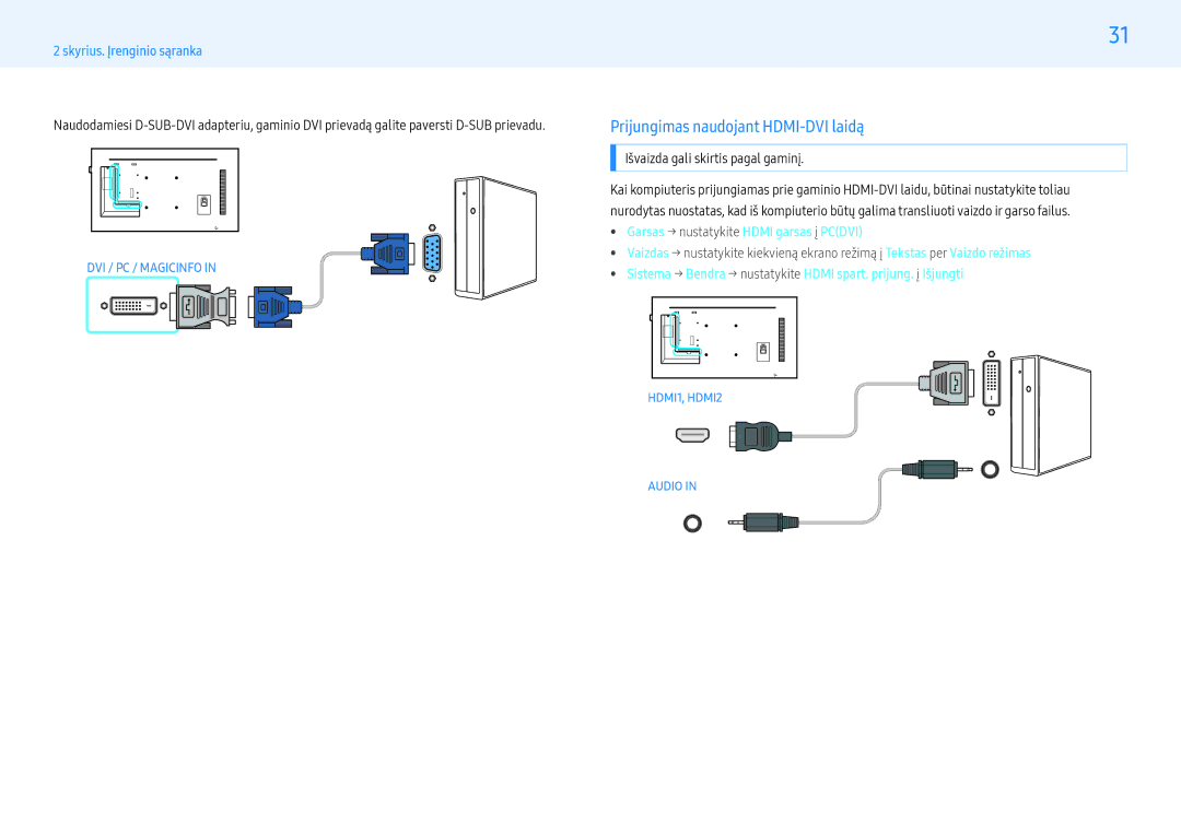 Samsung LH43PMHPBGC/EN, LH55PMHPBGC/EN Prijungimas naudojant HDMI-DVI laidą,  Garsas → nustatykite Hdmi garsas į Pcdvi 