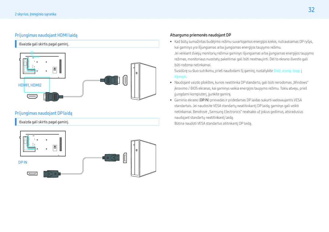 Samsung LH49PMHPBGC/EN Prijungimas naudojant Hdmi laidą, Prijungimas naudojant DP laidą, Atsargumo priemonės naudojant DP 