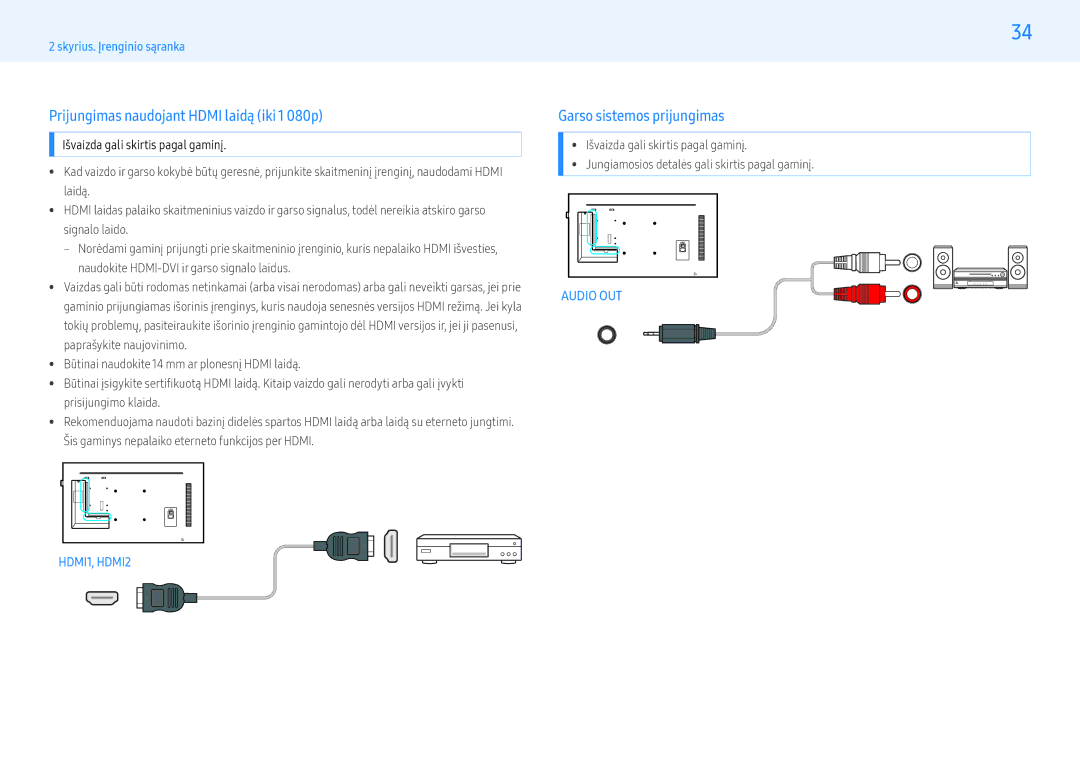 Samsung LH43PMHPBGC/EN, LH55PMHPBGC/EN manual Prijungimas naudojant Hdmi laidą iki 1 080p, Garso sistemos prijungimas 