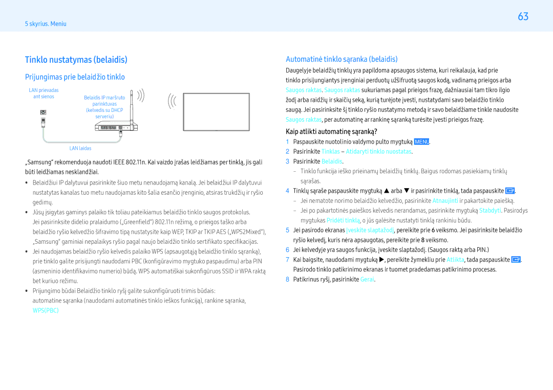 Samsung LH55PMHPBGC/EN Tinklo nustatymas belaidis, Prijungimas prie belaidžio tinklo, Automatinė tinklo sąranka belaidis 