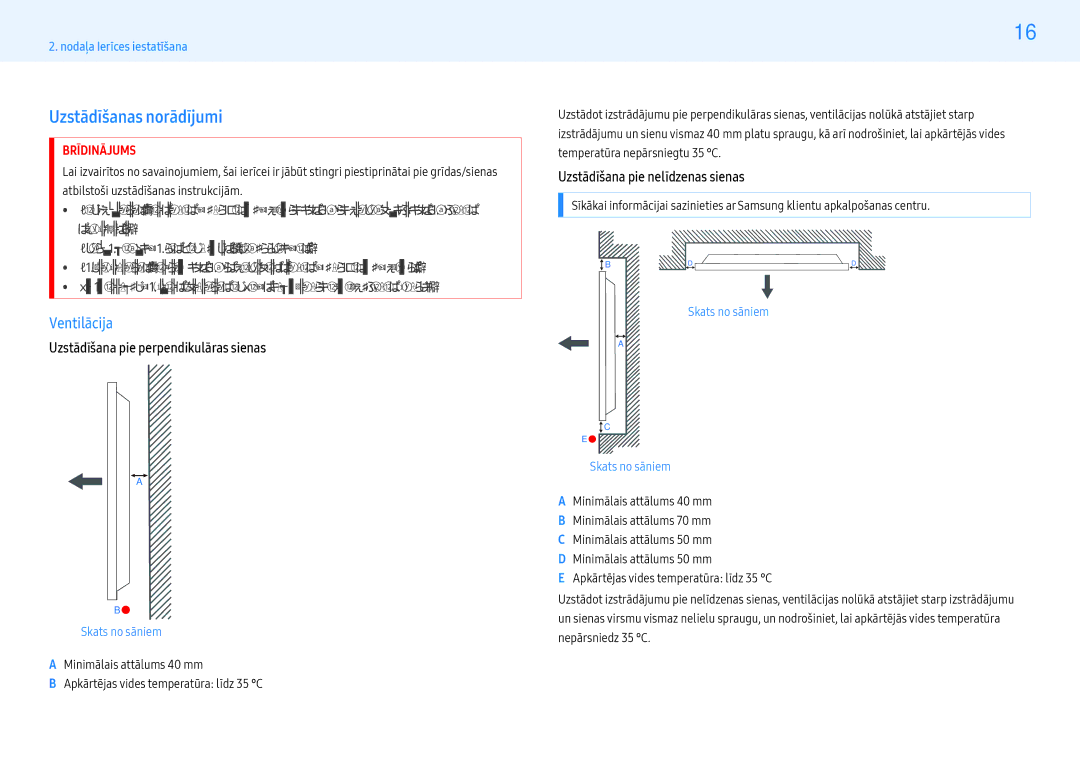 Samsung LH43PMHPBGC/EN, LH55PMHPBGC/EN manual Uzstādīšanas norādījumi, Ventilācija, Uzstādīšana pie perpendikulāras sienas 