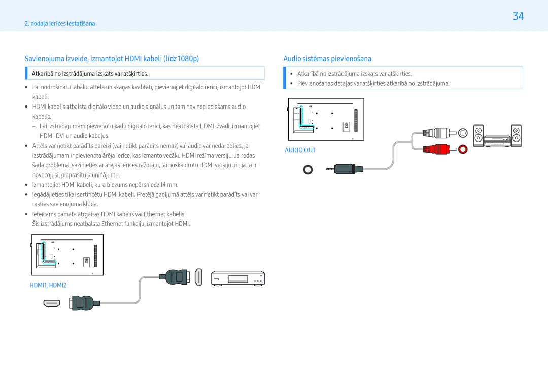 Samsung LH43PMHPBGC/EN, LH55PMHPBGC/EN Savienojuma izveide, izmantojot Hdmi kabeli līdz 1080p, Audio sistēmas pievienošana 