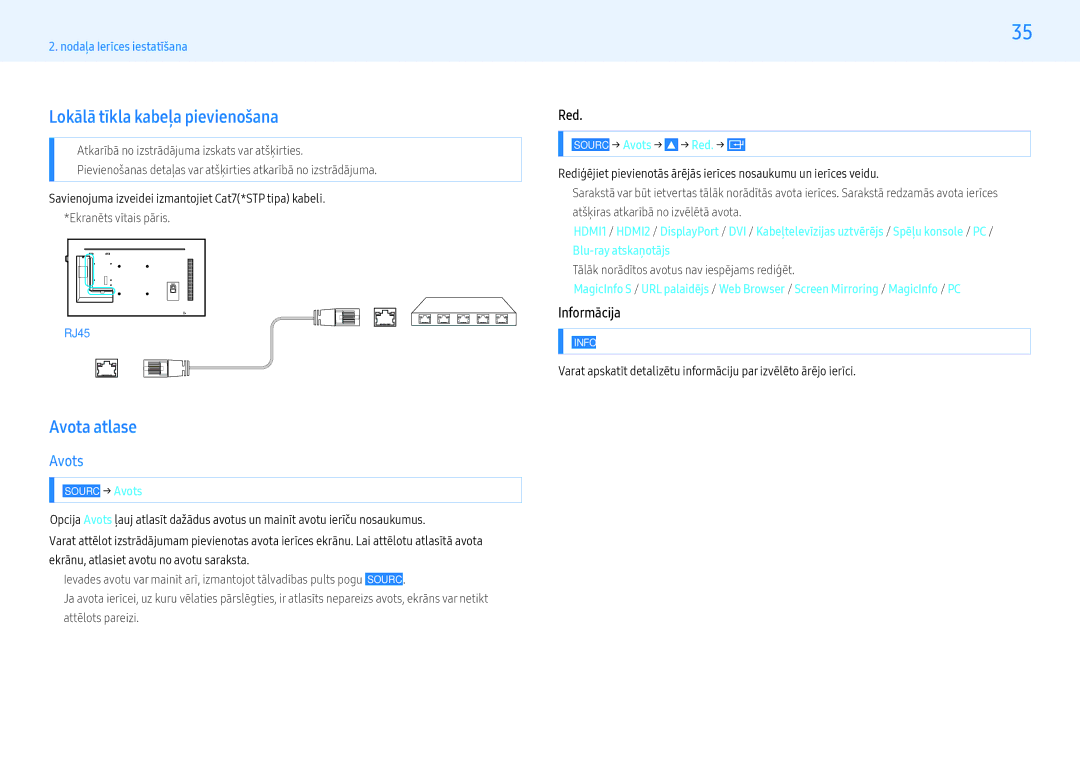 Samsung LH49PMHPBGC/EN, LH55PMHPBGC/EN manual Lokālā tīkla kabeļa pievienošana, Avota atlase, Avots, Red, Informācija 