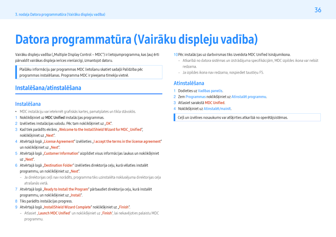 Samsung LH55PMHPBGC/EN manual Datora programmatūra Vairāku displeju vadība, Instalēšana/atinstalēšana, Atinstalēšana 