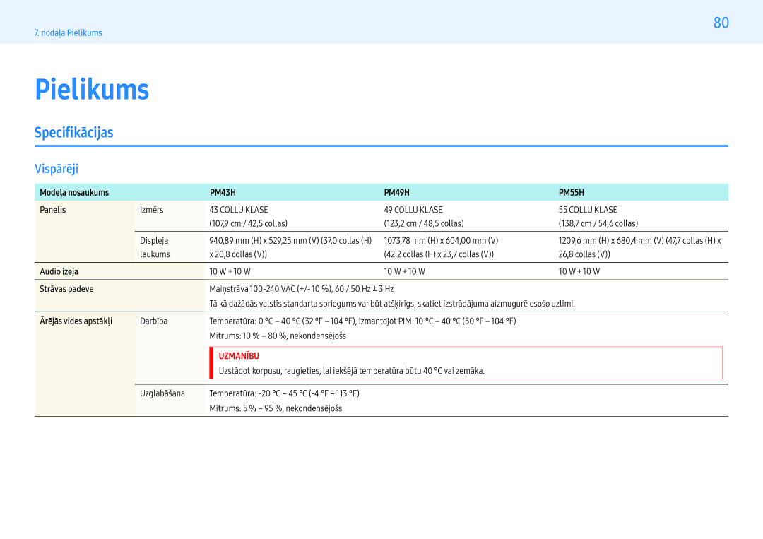 Samsung LH49PMHPBGC/EN, LH55PMHPBGC/EN, LH43PMHPBGC/EN manual Pielikums, Specifikācijas, Vispārēji 