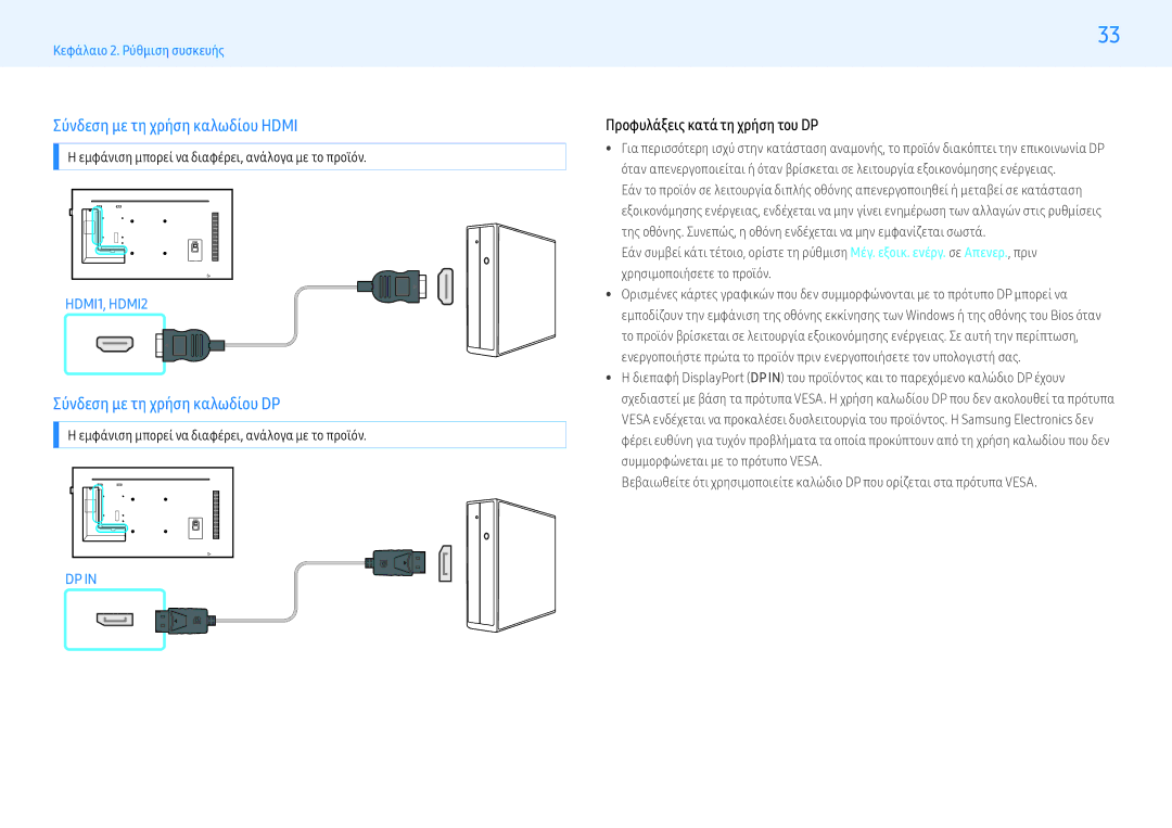 Samsung LH55PMHPBGC/EN, LH43PMHPBGC/EN, LH49PMHPBGC/EN Σύνδεση με τη χρήση καλωδίου Hdmi, Σύνδεση με τη χρήση καλωδίου DP 