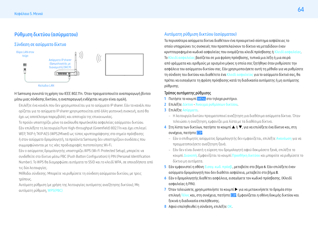 Samsung LH43PMHPBGC/EN manual Ρύθμιση δικτύου ασύρματου, Σύνδεση σε ασύρματο δίκτυο, Αυτόματη ρύθμιση δικτύου ασύρματου 