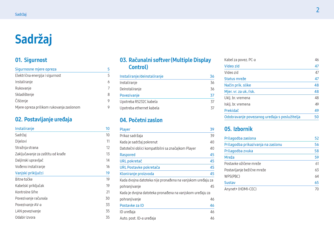 Samsung LH49PMHPBGC/EN, LH55PMHPBGC/EN, LH43PMHPBGC/EN manual Sadržaj, Sigurnost 