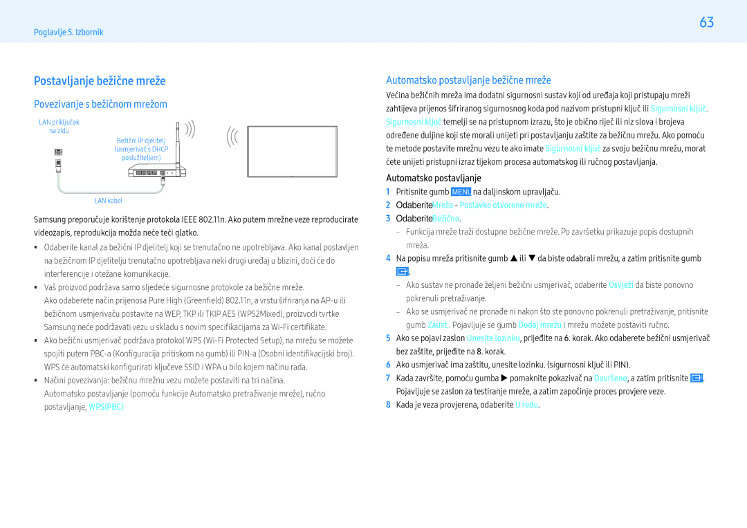 Samsung LH55PMHPBGC/EN Postavljanje bežične mreže, Povezivanje s bežičnom mrežom, Automatsko postavljanje bežične mreže 
