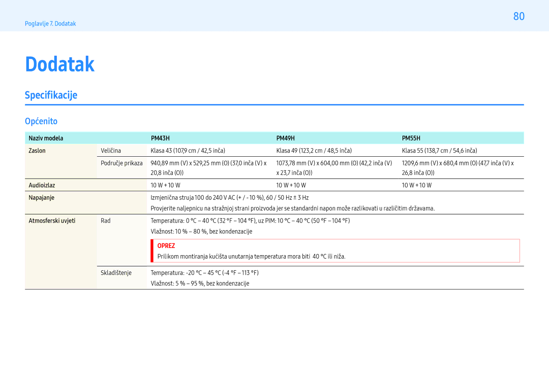 Samsung LH49PMHPBGC/EN, LH55PMHPBGC/EN, LH43PMHPBGC/EN manual Dodatak, Specifikacije, Općenito 