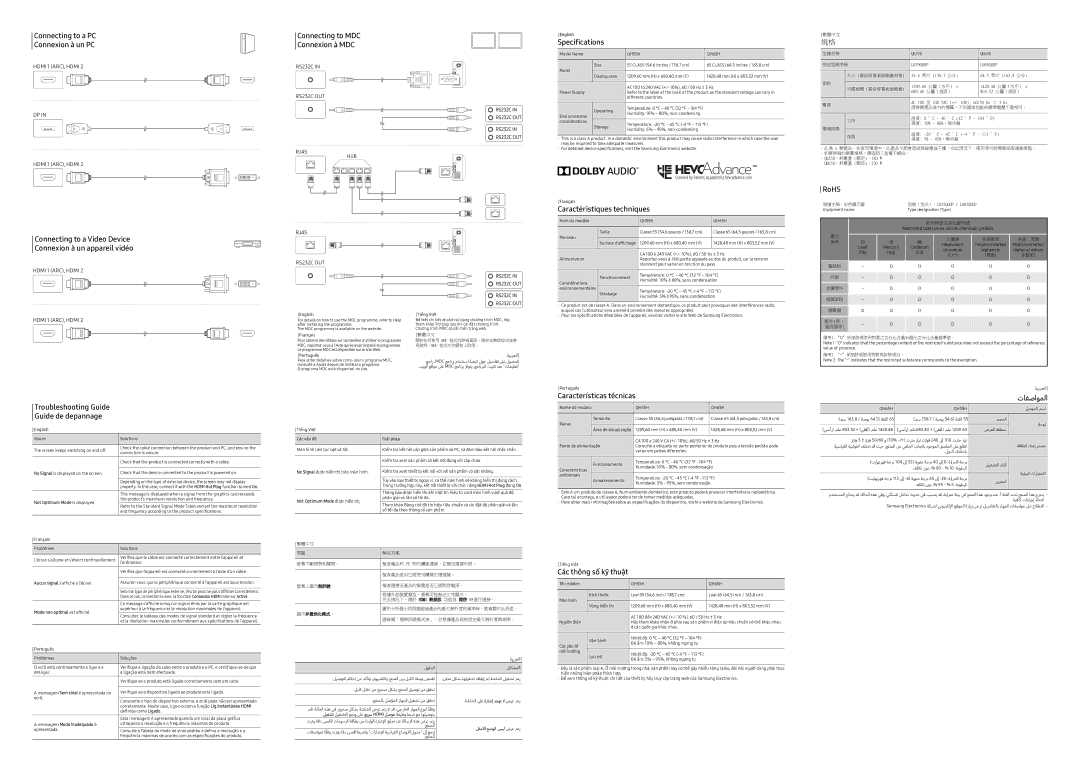 Samsung LH55QHHPLGC/XV manual Specifications, Caractéristiques techniques, RoHS, Troubleshooting Guide Guide de depannage 