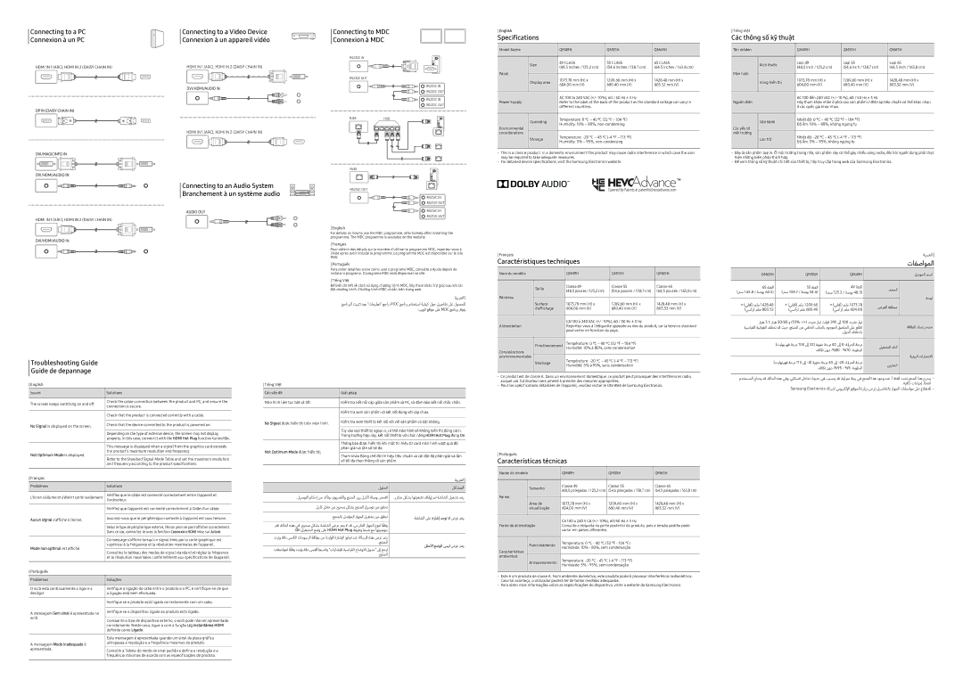 Samsung LH65QMHPLGC/UE Connecting to a PC Connexion à un PC, Connecting to MDC Connexion à MDC, Specifications, تافصاوملا 