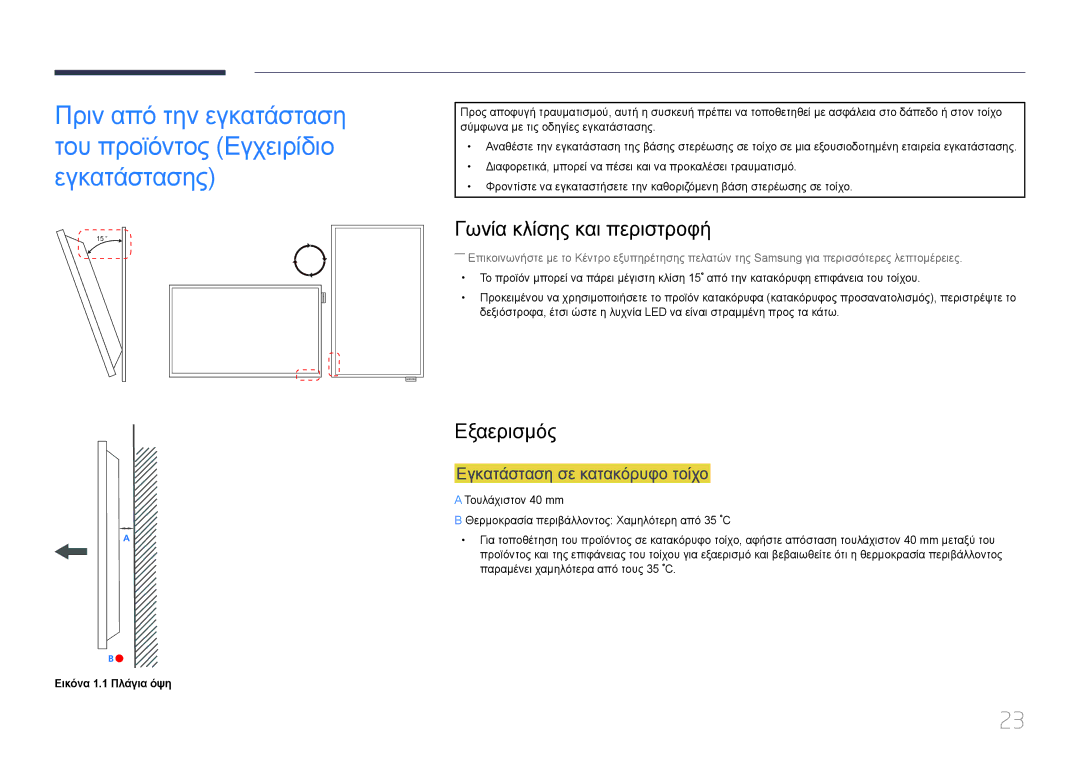 Samsung LH55RHEELGW/EN Γωνία κλίσης και περιστροφή, Εξαερισμός, Εγκατάσταση σε κατακόρυφο τοίχο, Εικόνα 1.1 Πλάγια όψη 