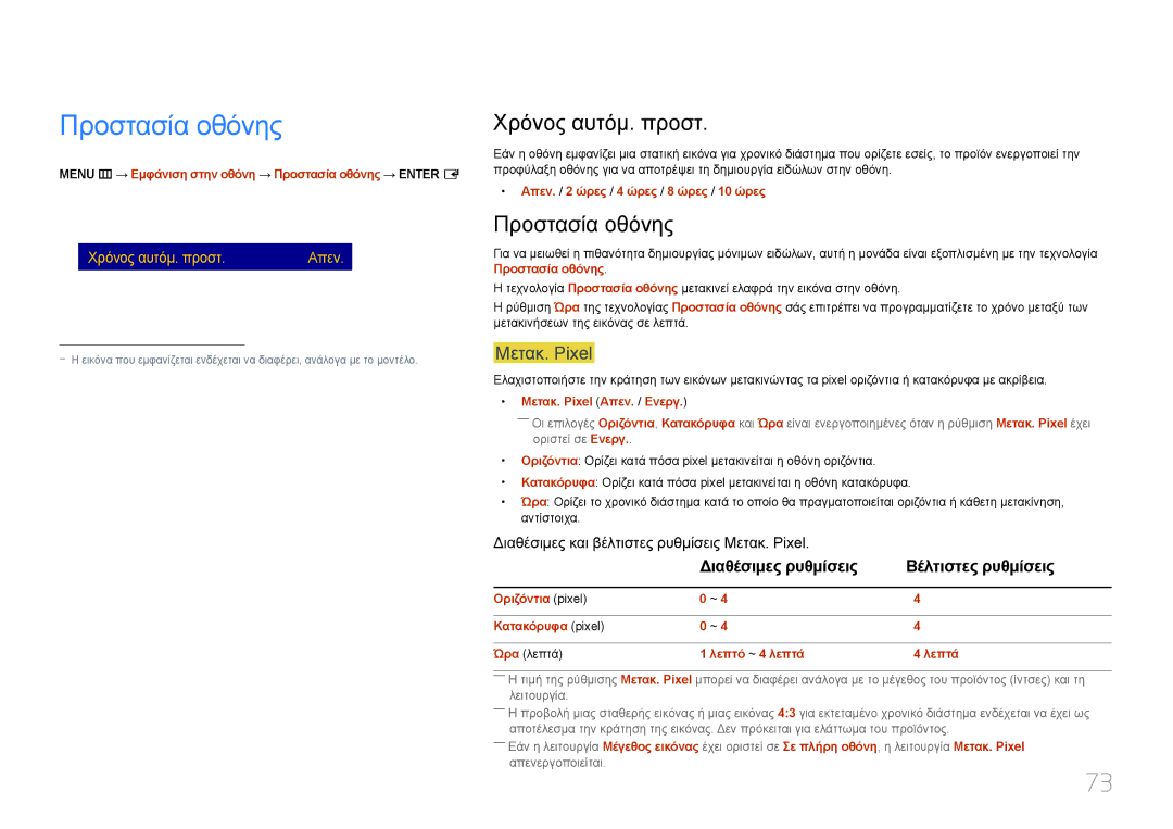 Samsung LH55RHEELGW/EN manual Προστασία οθόνης, Χρόνος αυτόμ. προστ, Μετακ. Pixel 