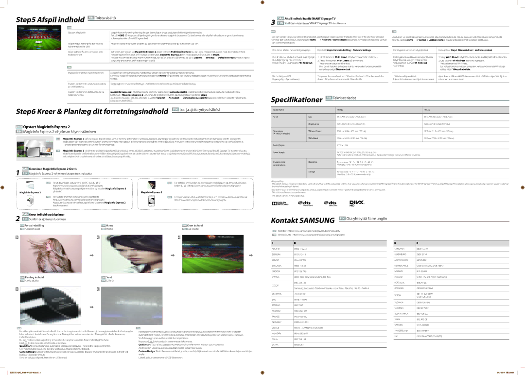 Samsung LH55RHEELGW/XE manual Specifikationer, Kreer & Planlæg dit forretningsindhold, Kontakt Samsung 