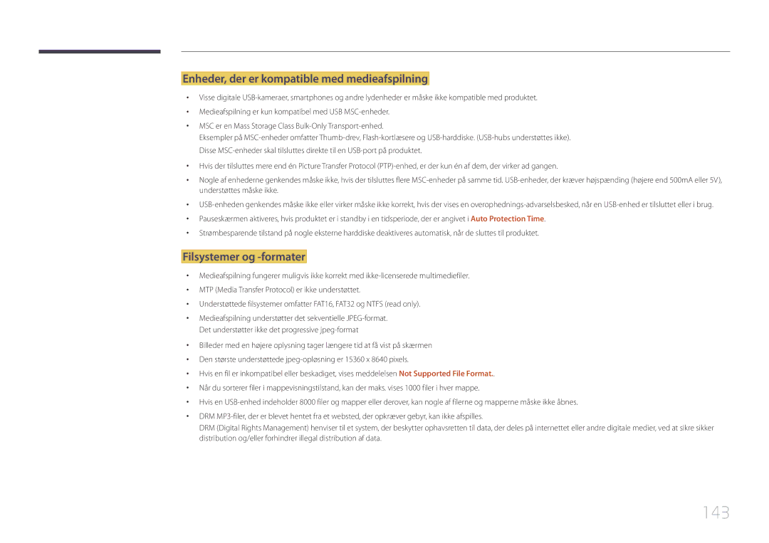 Samsung LH55RHEELGW/XE manual 143, Enheder, der er kompatible med medieafspilning, Filsystemer og -formater 