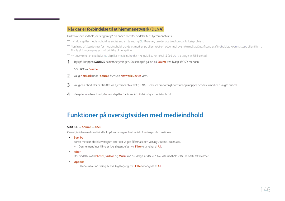 Samsung LH55RHEELGW/XE manual Funktioner på oversigtssiden med medieindhold, 146, Source → Source → USB, Filter 