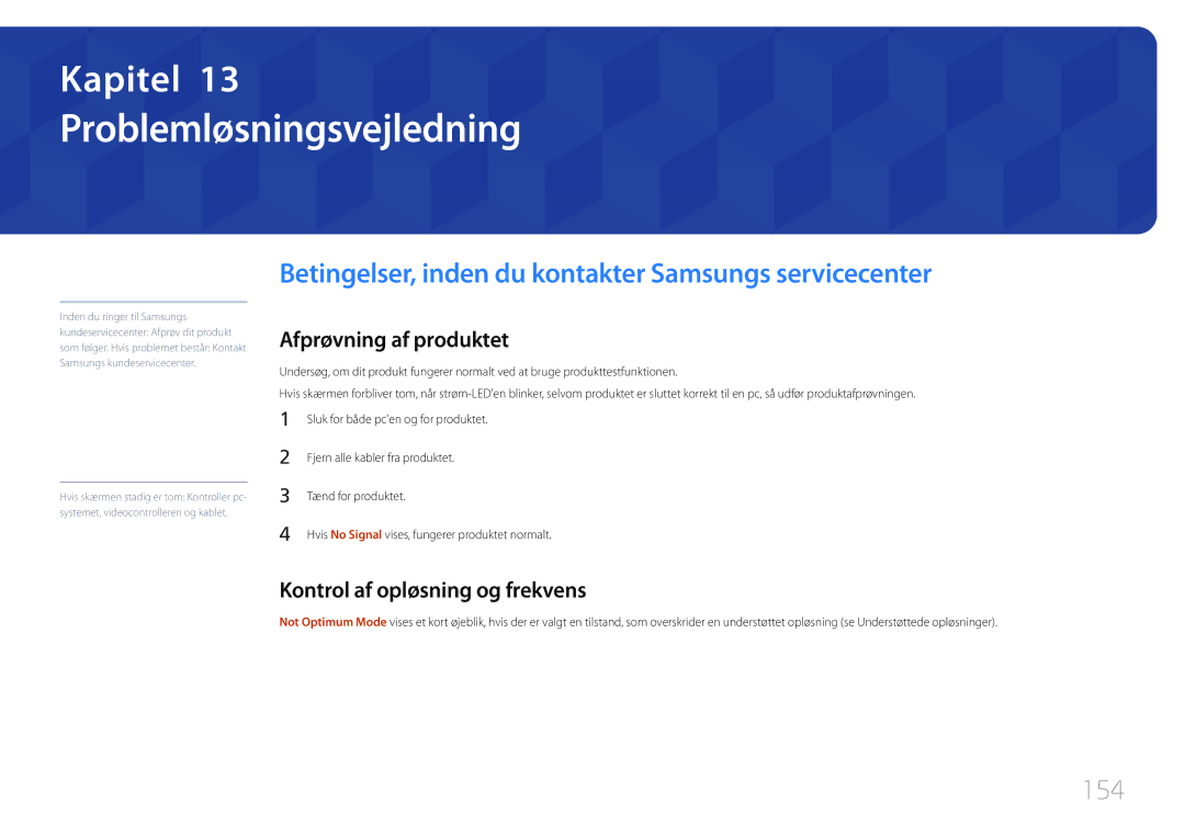 Samsung LH55RHEELGW/XE manual Problemløsningsvejledning, Betingelser, inden du kontakter Samsungs servicecenter, 154 