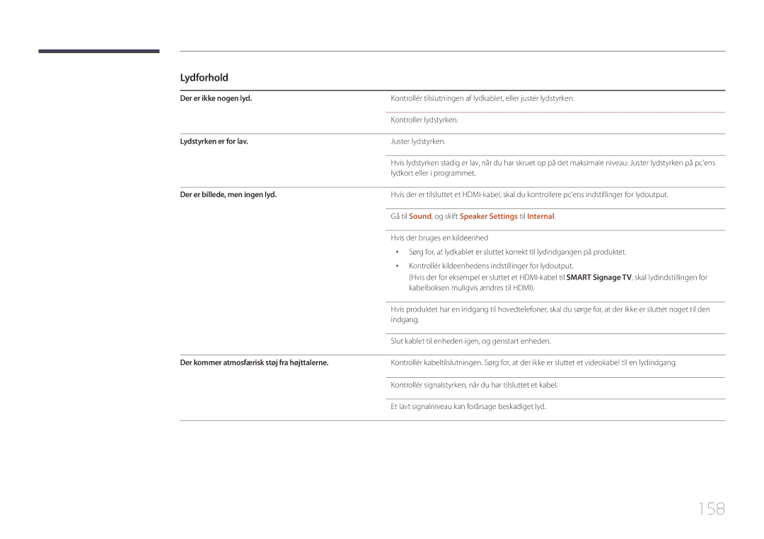 Samsung LH55RHEELGW/XE manual 158, Lydforhold, Gå til Sound, og skift Speaker Settings til Internal 