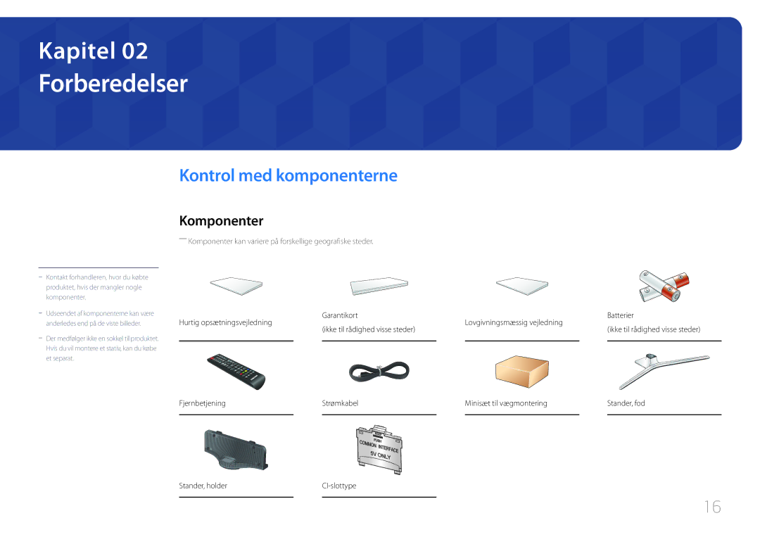 Samsung LH55RHEELGW/XE manual Forberedelser, Kontrol med komponenterne, Komponenter 