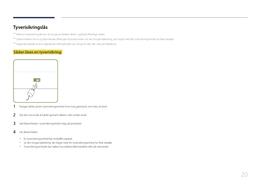 Samsung LH55RHEELGW/XE manual Tyverisikringslås, Sådan låses en tyverisikring 