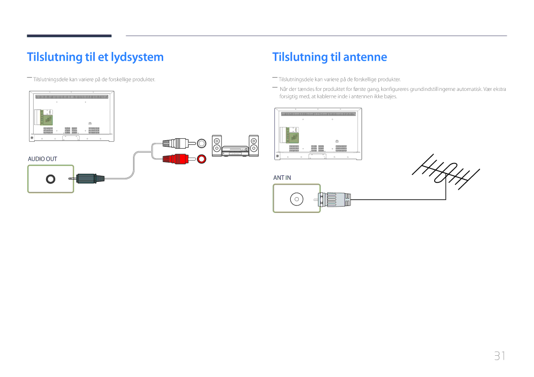 Samsung LH55RHEELGW/XE manual Tilslutning til et lydsystem, Tilslutning til antenne 