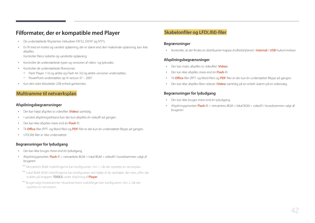 Samsung LH55RHEELGW/XE manual Filformater, der er kompatible med Player, Multiramme til netværksplan 