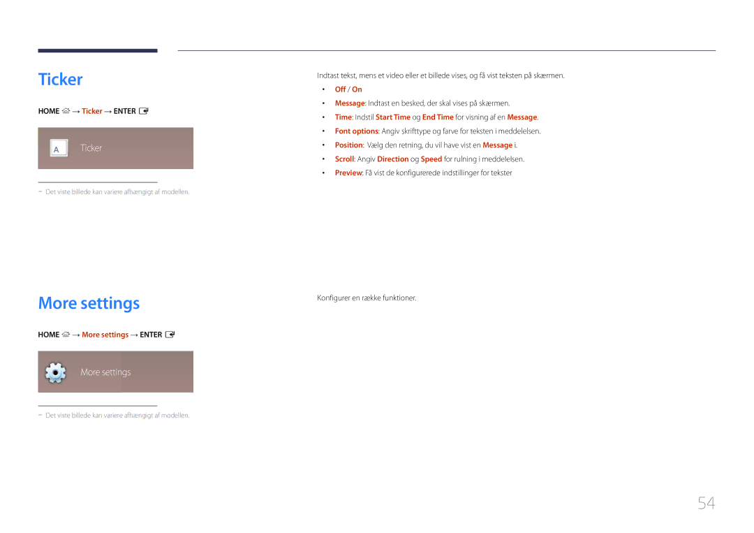 Samsung LH55RHEELGW/XE manual Home → Ticker → Enter E, Home → More settings → Enter E, Off / On 