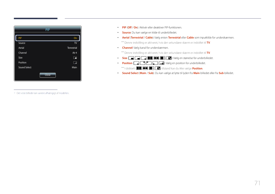 Samsung LH55RHEELGW/XE manual Channel Vælg kanal for underskærmen, ――I dobbelt , , , tilstand kan du ikke vælge Position 