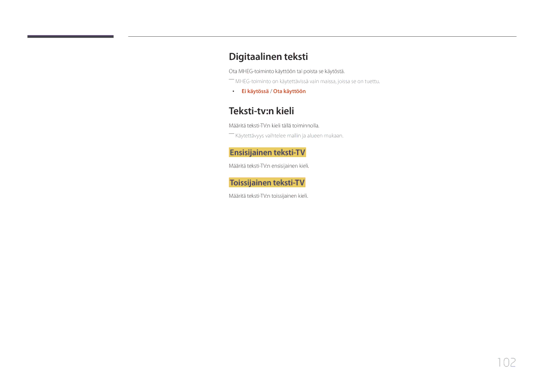 Samsung LH55RHEELGW/XE manual 102, Digitaalinen teksti, Teksti-tvn kieli, Ensisijainen teksti-TV, Toissijainen teksti-TV 