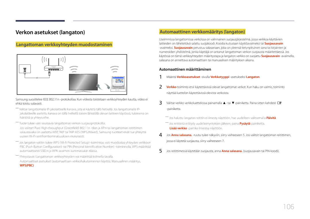 Samsung LH55RHEELGW/XE manual 106, Verkon asetukset langaton, Langattoman verkkoyhteyden muodostaminen 