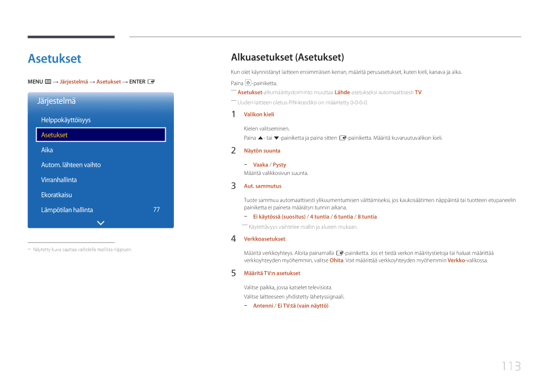 Samsung LH55RHEELGW/XE manual 113, Alkuasetukset Asetukset, Järjestelmä, Helppokäyttöisyys 