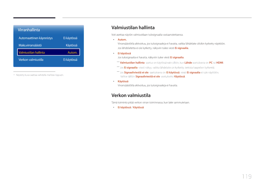 Samsung LH55RHEELGW/XE manual 119, Valmiustilan hallinta, Verkon valmiustila, Automaattinen käynnistys 