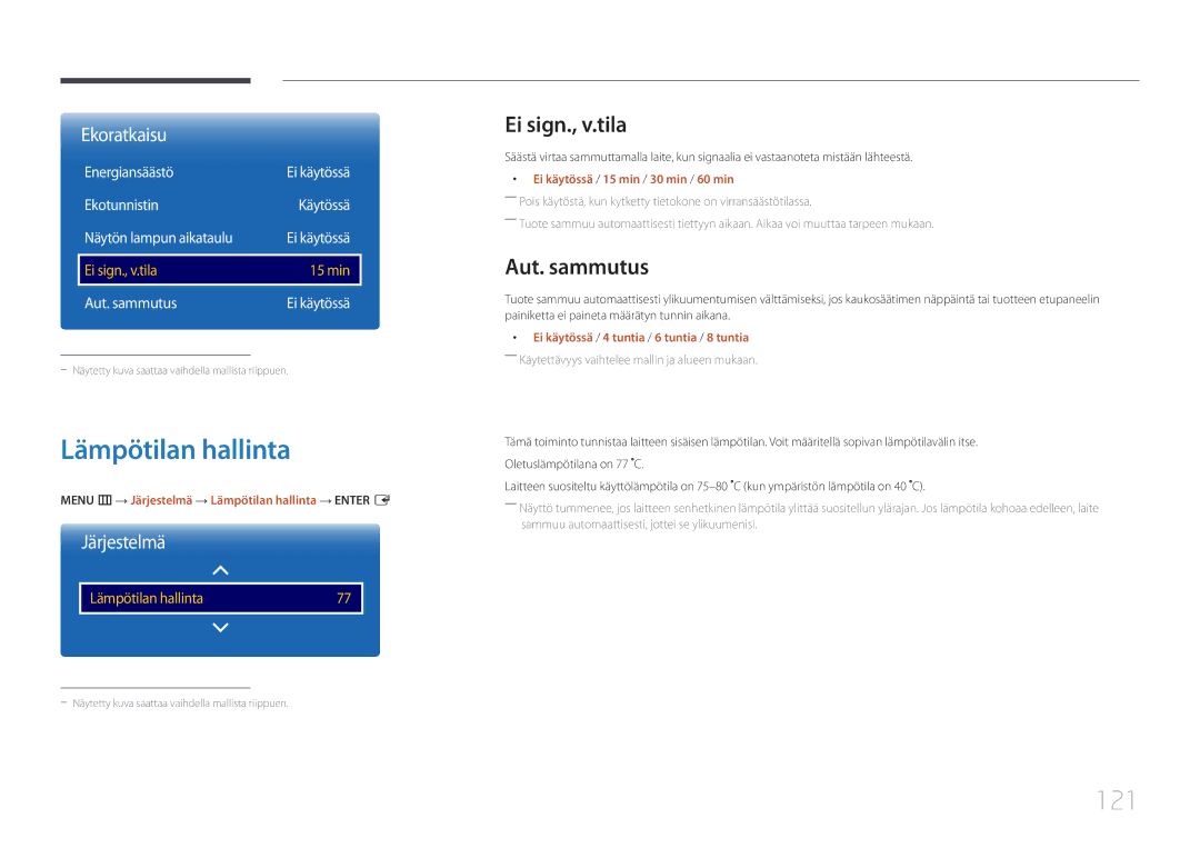 Samsung LH55RHEELGW/XE manual Lämpötilan hallinta, 121, Ei sign., v.tila, Aut. sammutus, Energiansäästö 