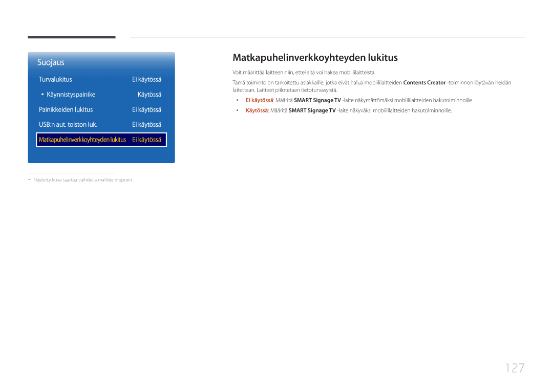 Samsung LH55RHEELGW/XE manual 127, Matkapuhelinverkkoyhteyden lukitus, Turvalukitus 