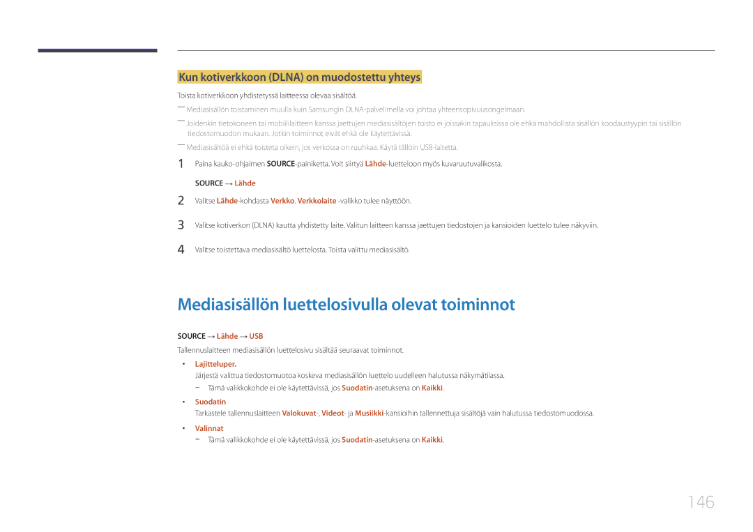 Samsung LH55RHEELGW/XE Mediasisällön luettelosivulla olevat toiminnot, 146, Kun kotiverkkoon Dlna on muodostettu yhteys 