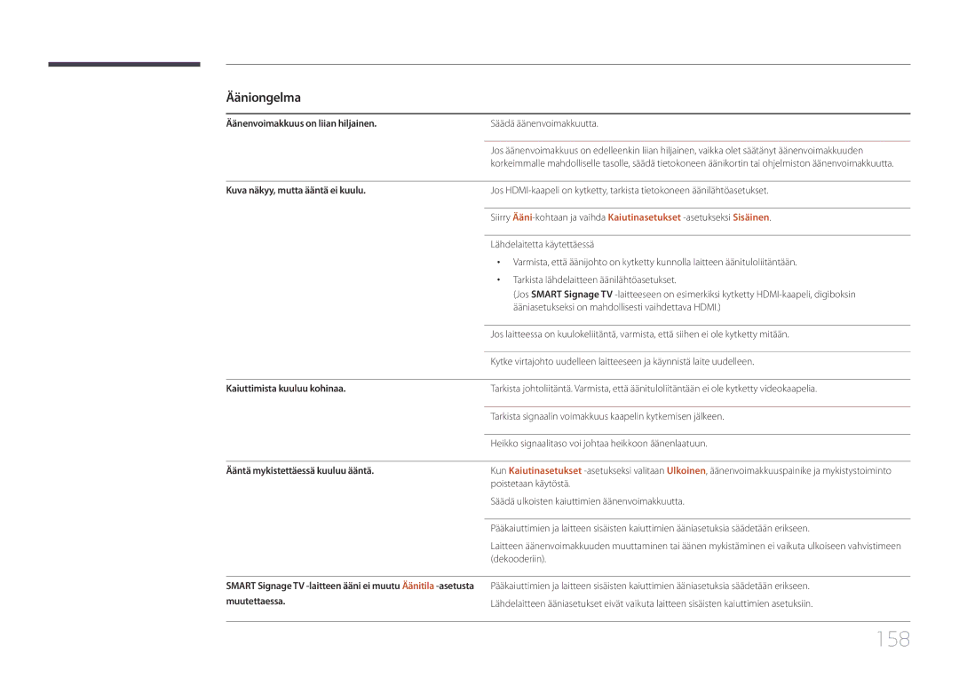 Samsung LH55RHEELGW/XE manual 158, Äänenvoimakkuus on liian hiljainen, Kuva näkyy, mutta ääntä ei kuulu 