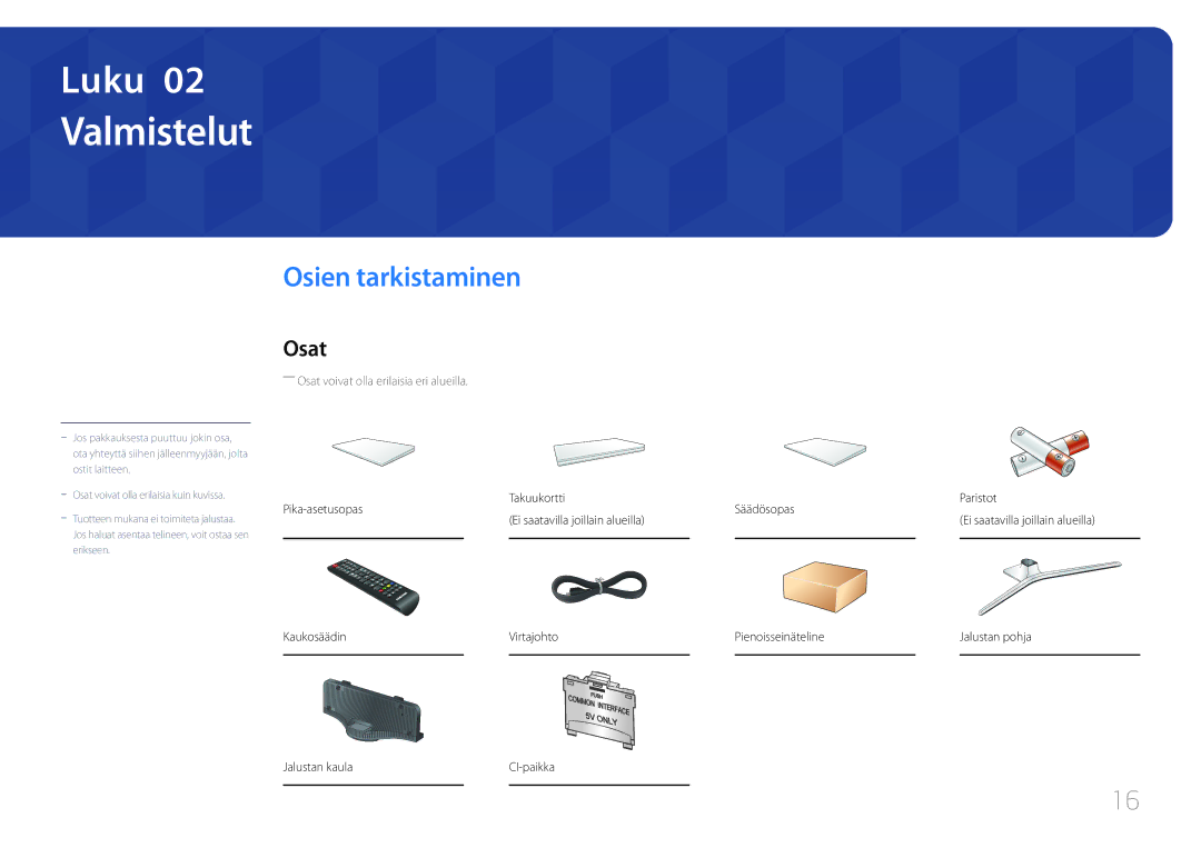 Samsung LH55RHEELGW/XE manual Valmistelut, Osien tarkistaminen, Osat 