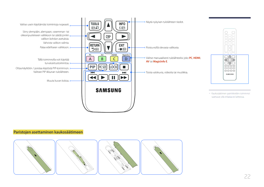 Samsung LH55RHEELGW/XE manual Paristojen asettaminen kaukosäätimeen, Valitse usein käyttämiäsi toimintoja nopeasti 