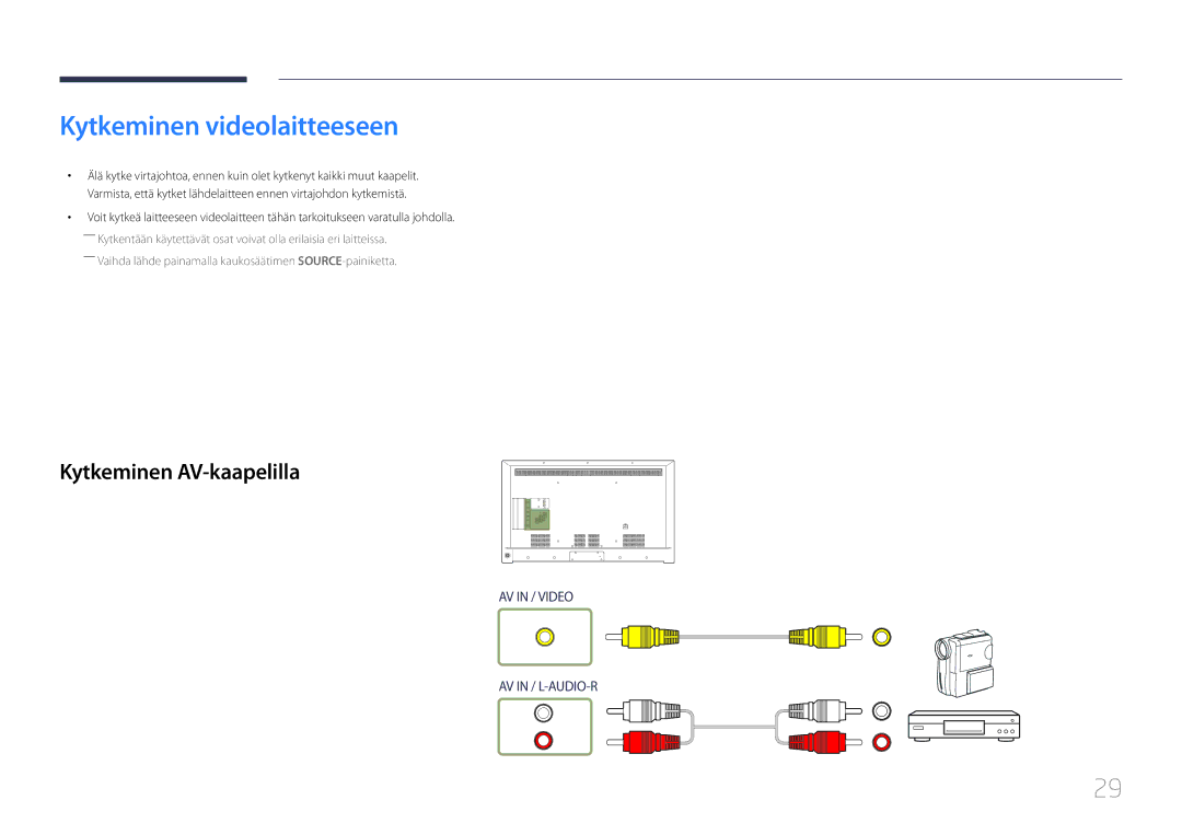 Samsung LH55RHEELGW/XE manual Kytkeminen videolaitteeseen, Kytkeminen AV-kaapelilla 