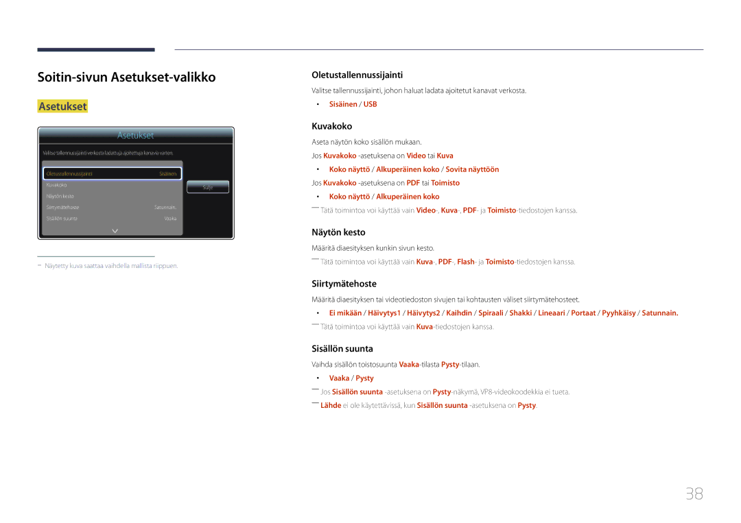 Samsung LH55RHEELGW/XE manual Soitin-sivun Asetukset-valikko 