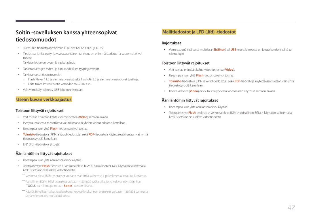 Samsung LH55RHEELGW/XE manual Soitin -sovelluksen kanssa yhteensopivat tiedostomuodot, Usean kuvan verkkoajastus 